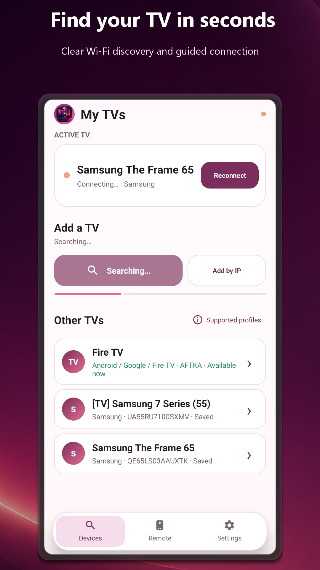 TV discovery and connection screen