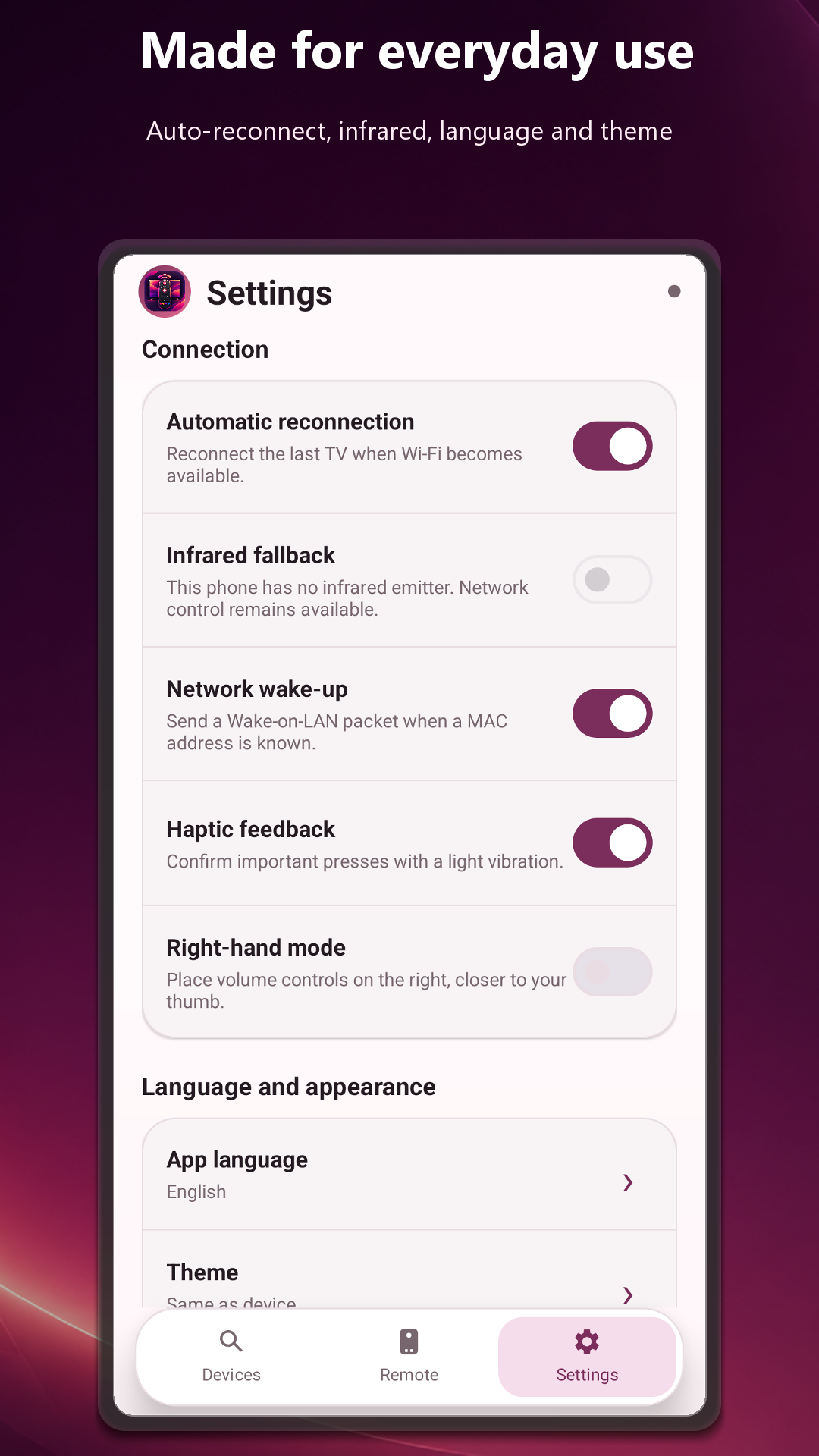Remote settings screen